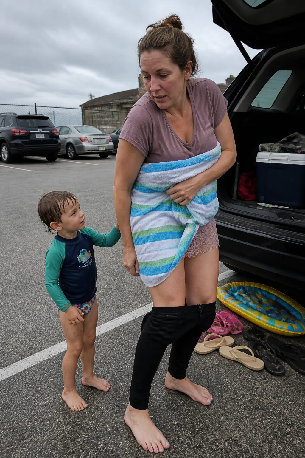 A parent doing the towel-dance in a beach parking lot next to their car