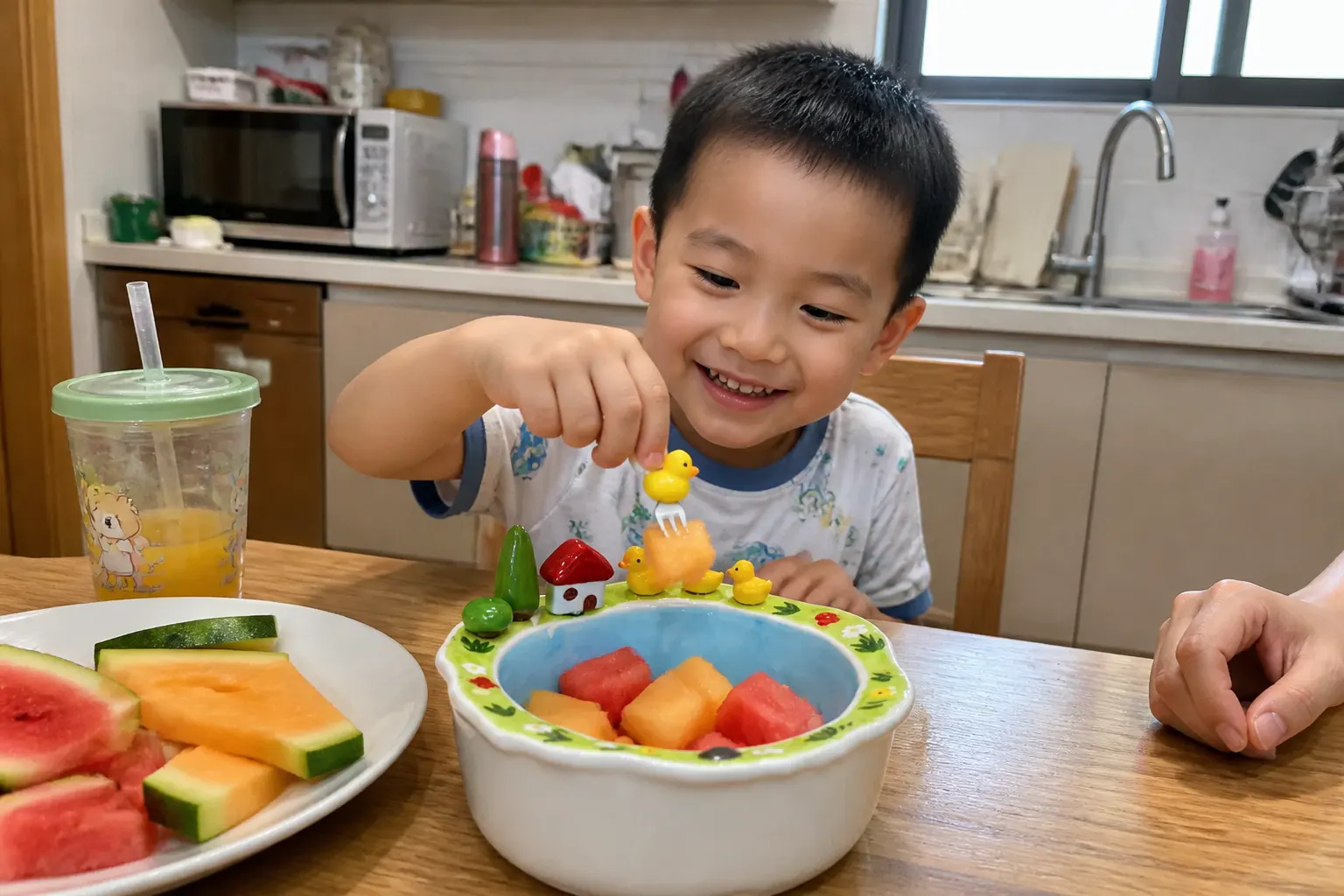 Turns 'eat your fruit' into a game