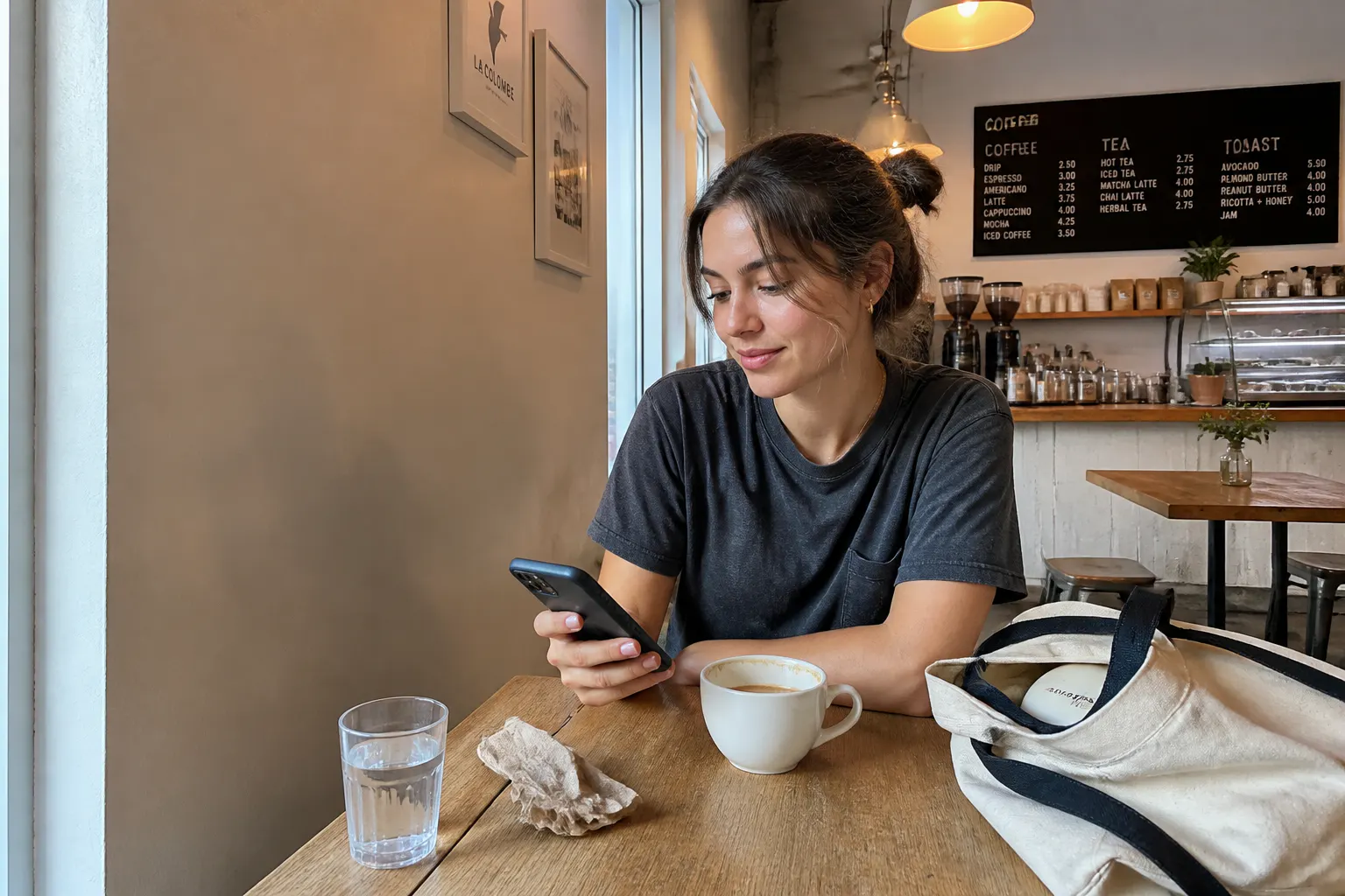 The Ventra case sitting on a café table, looking like a compact mirror