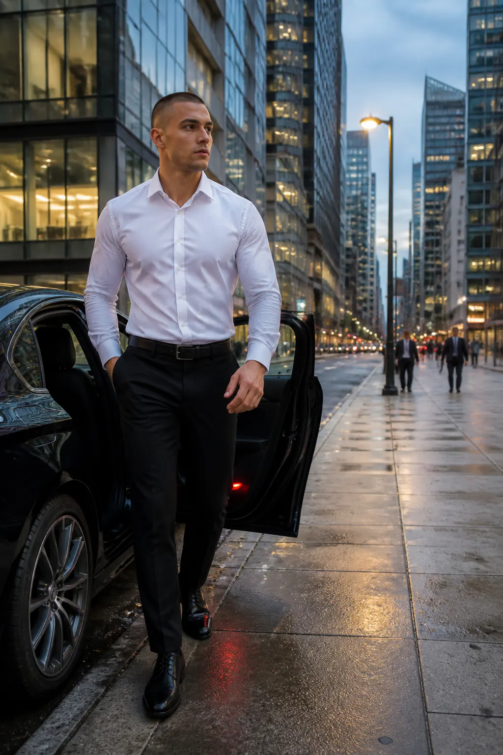 Confident young man walking in with a broad V-taper frame