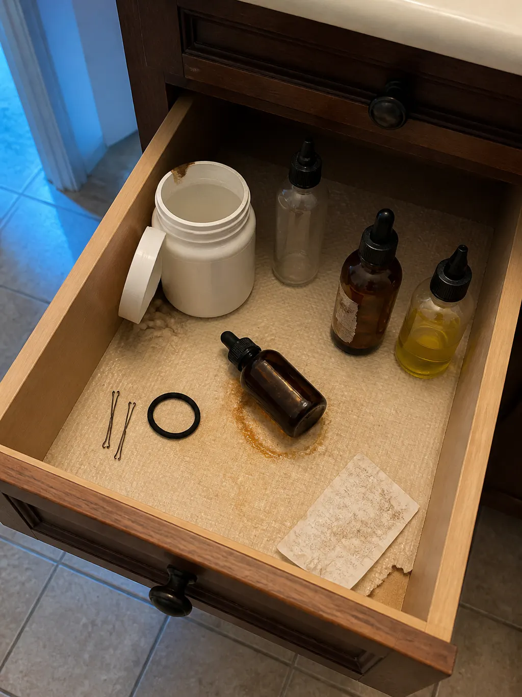 Bathroom drawer holding half-used hair products