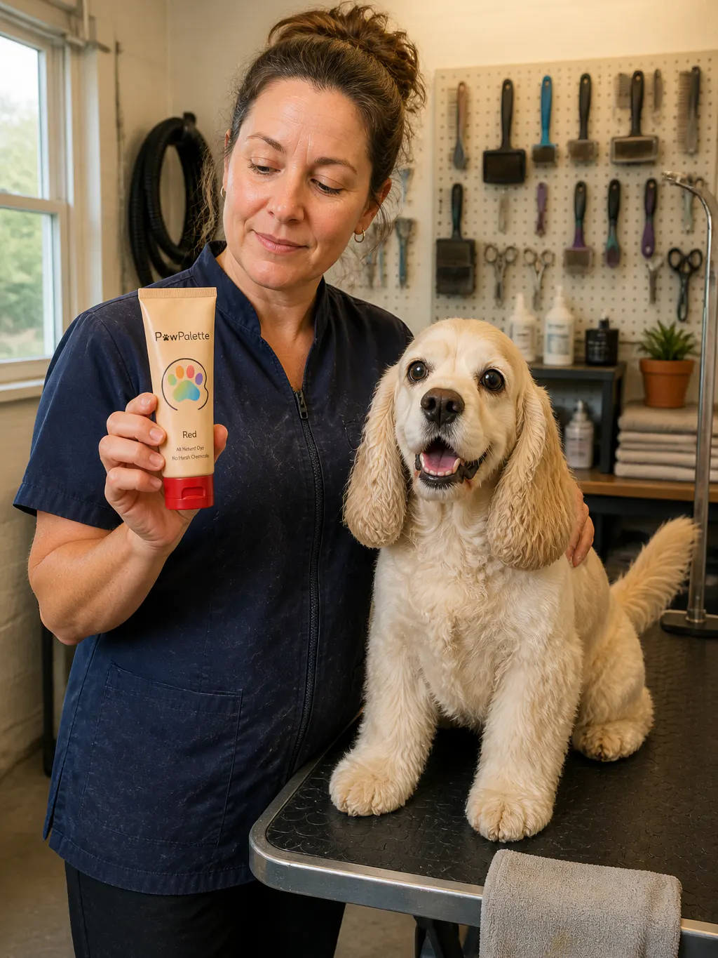 A professional groomer holding the color tube beside a light-coated dog