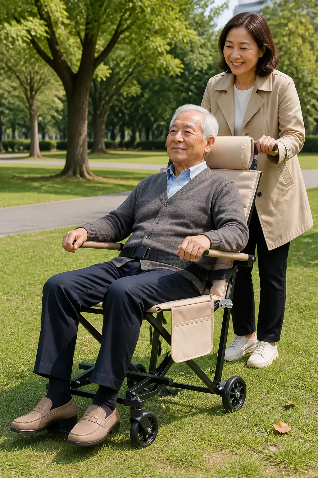 Older adult reclined and relaxed while family member wheels the chair across a park