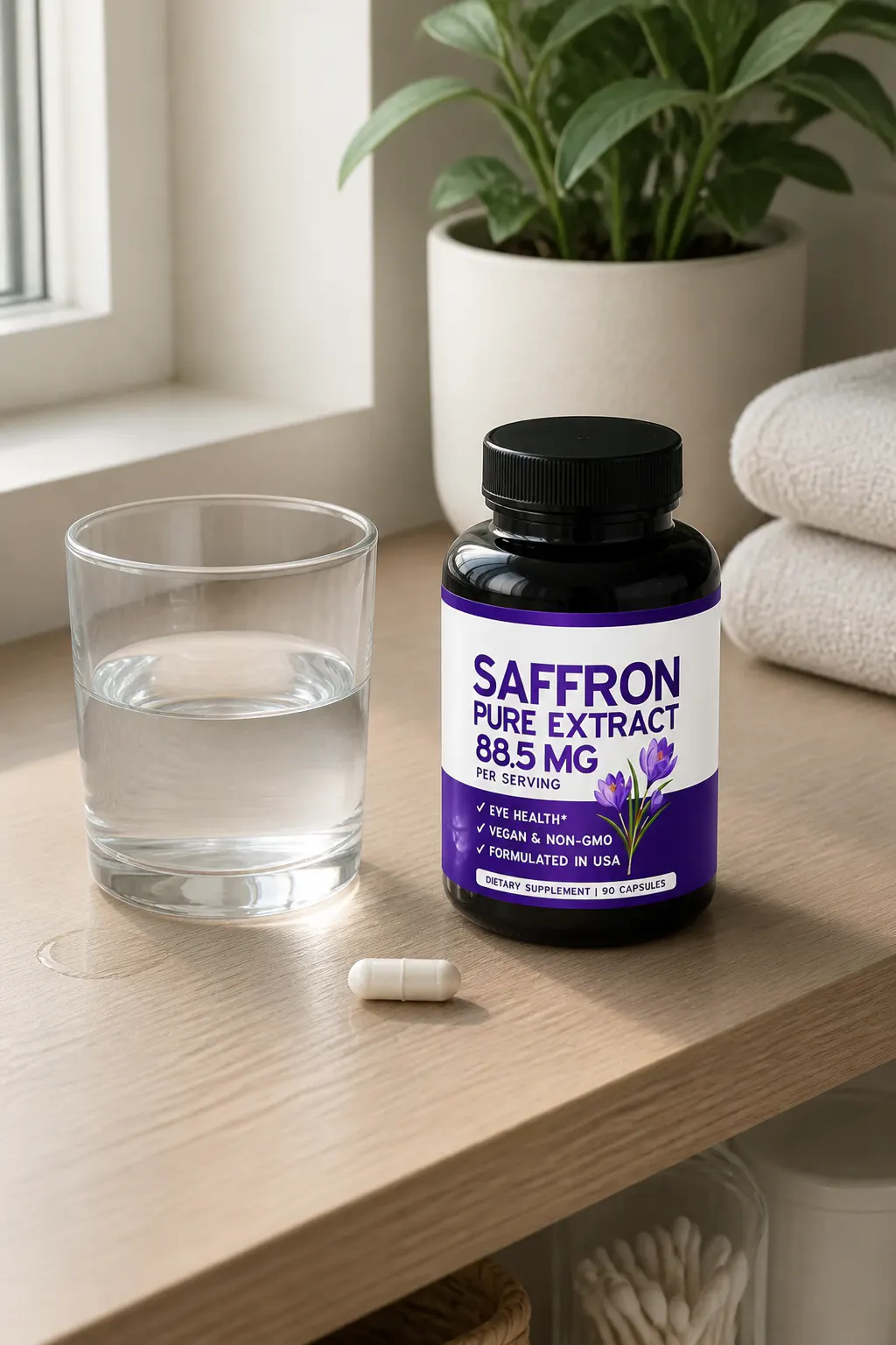 Saffron threads and the opaque bottle beside the label