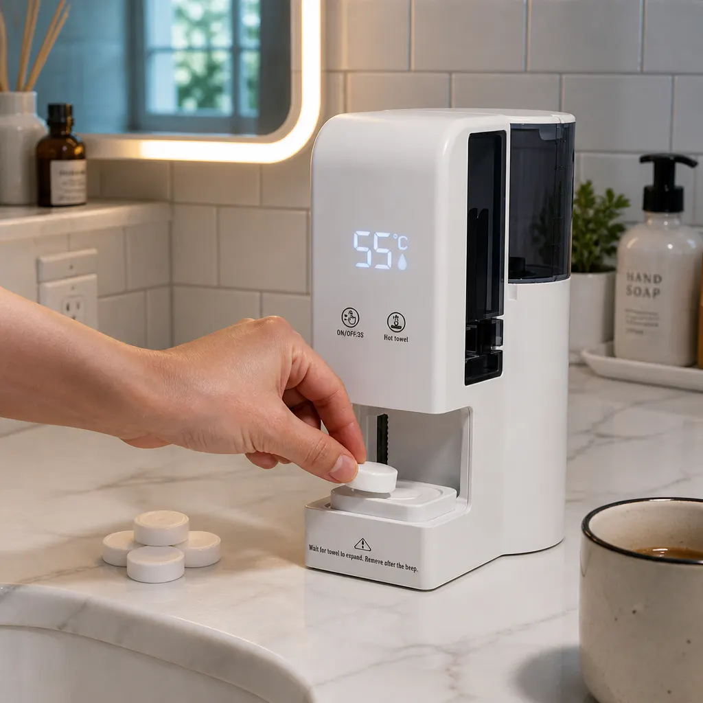 Dropping a compressed towel tablet into the machine