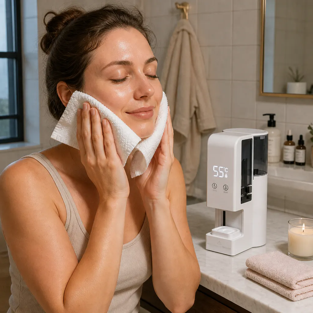 Woman pressing a warm towel to her face