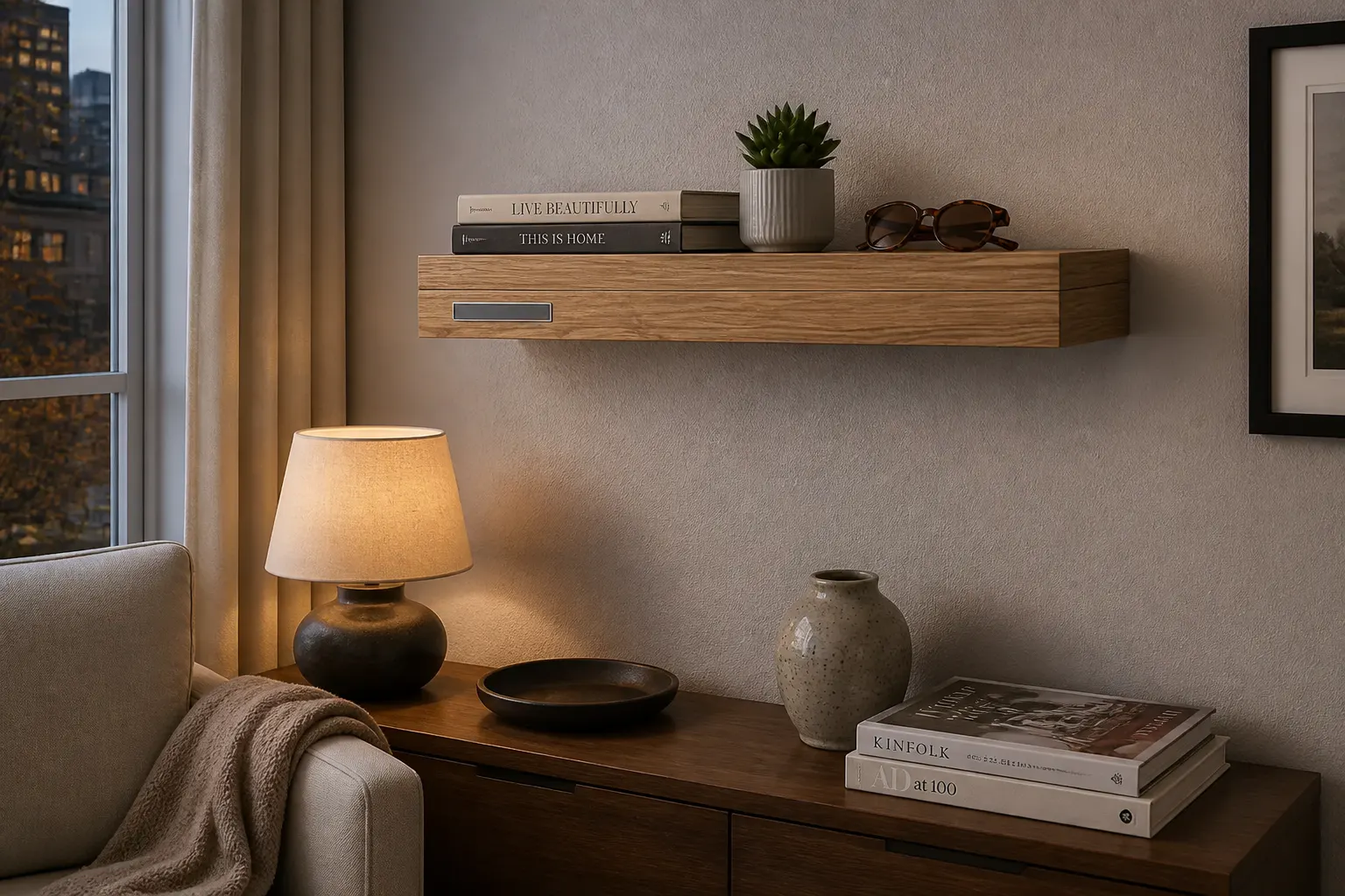A styled Ventra shelf hidden in a calm, well-decorated room