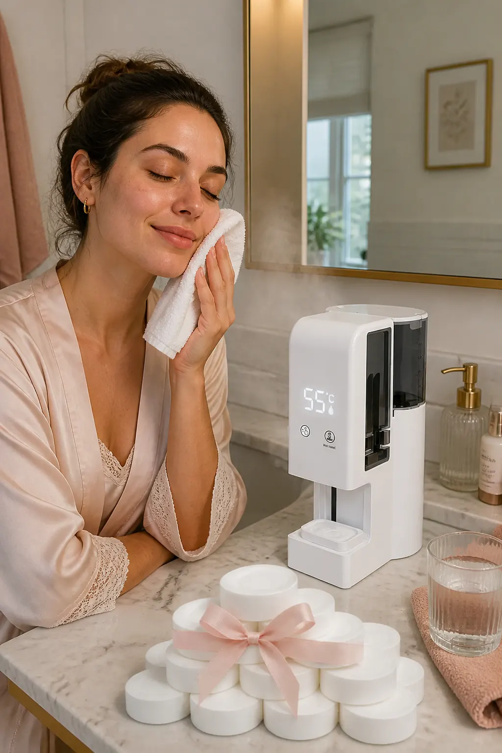 Ventra hot towel machine on a blush vanity with a warm towel dispensing