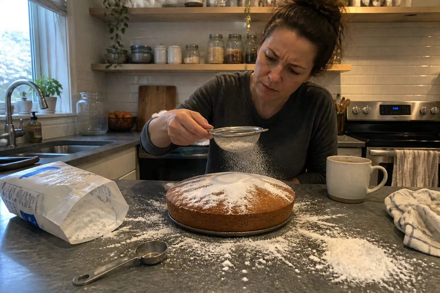 A flour-clouded counter and clumpy powdered sugar from hand-dusting