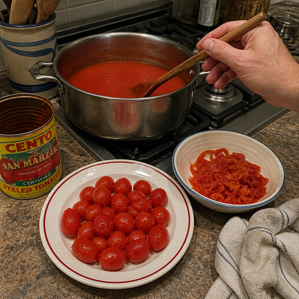 Skinned cherry tomatoes for smoother, non-bitter sauce