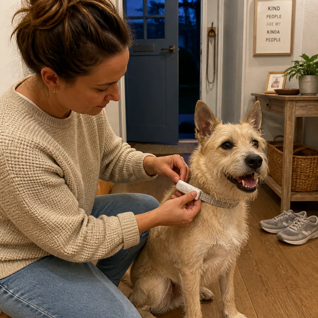 The projector clipped to a dog's collar on a walk