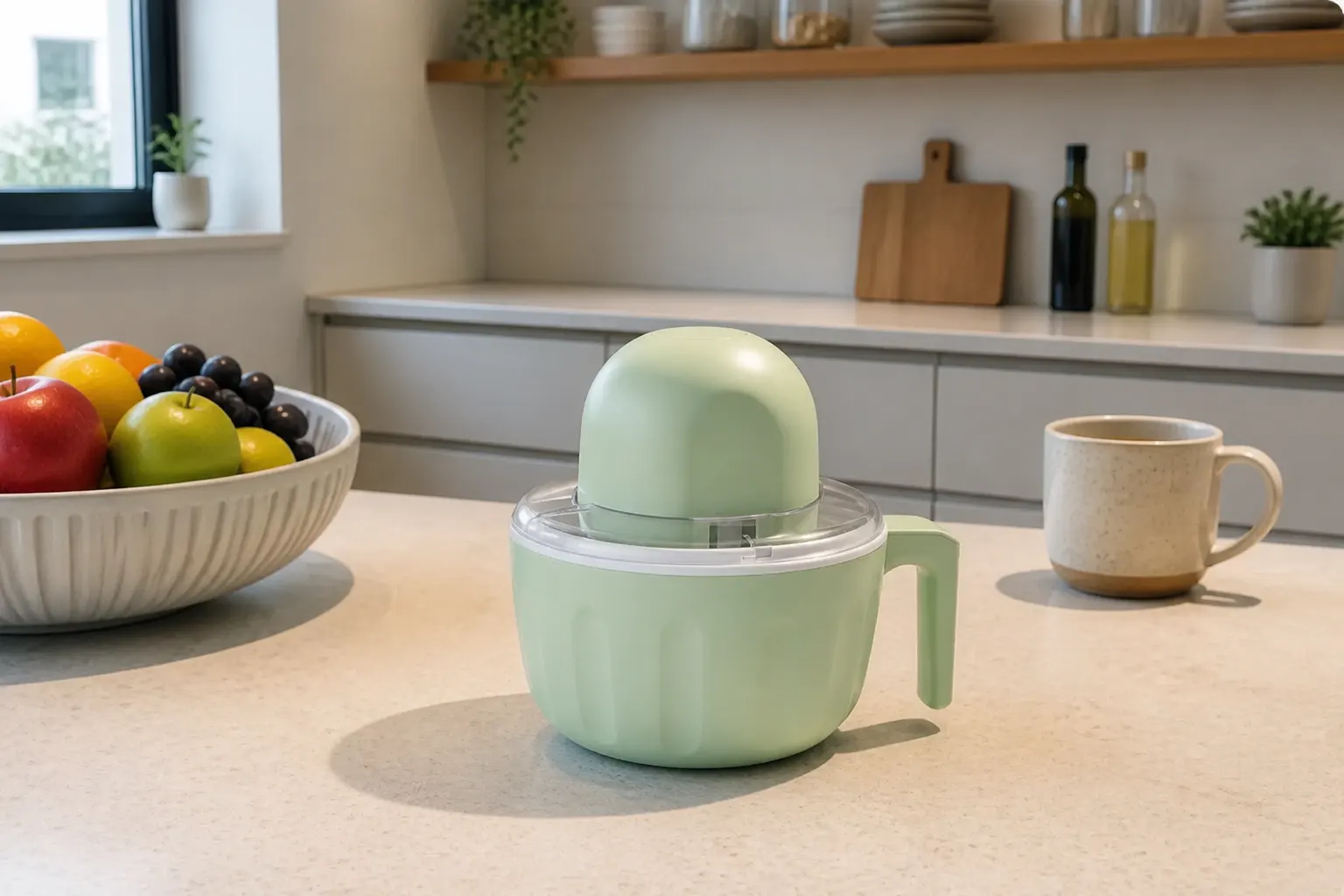 The pastel ice cream maker on a bright modern kitchen counter, morning light