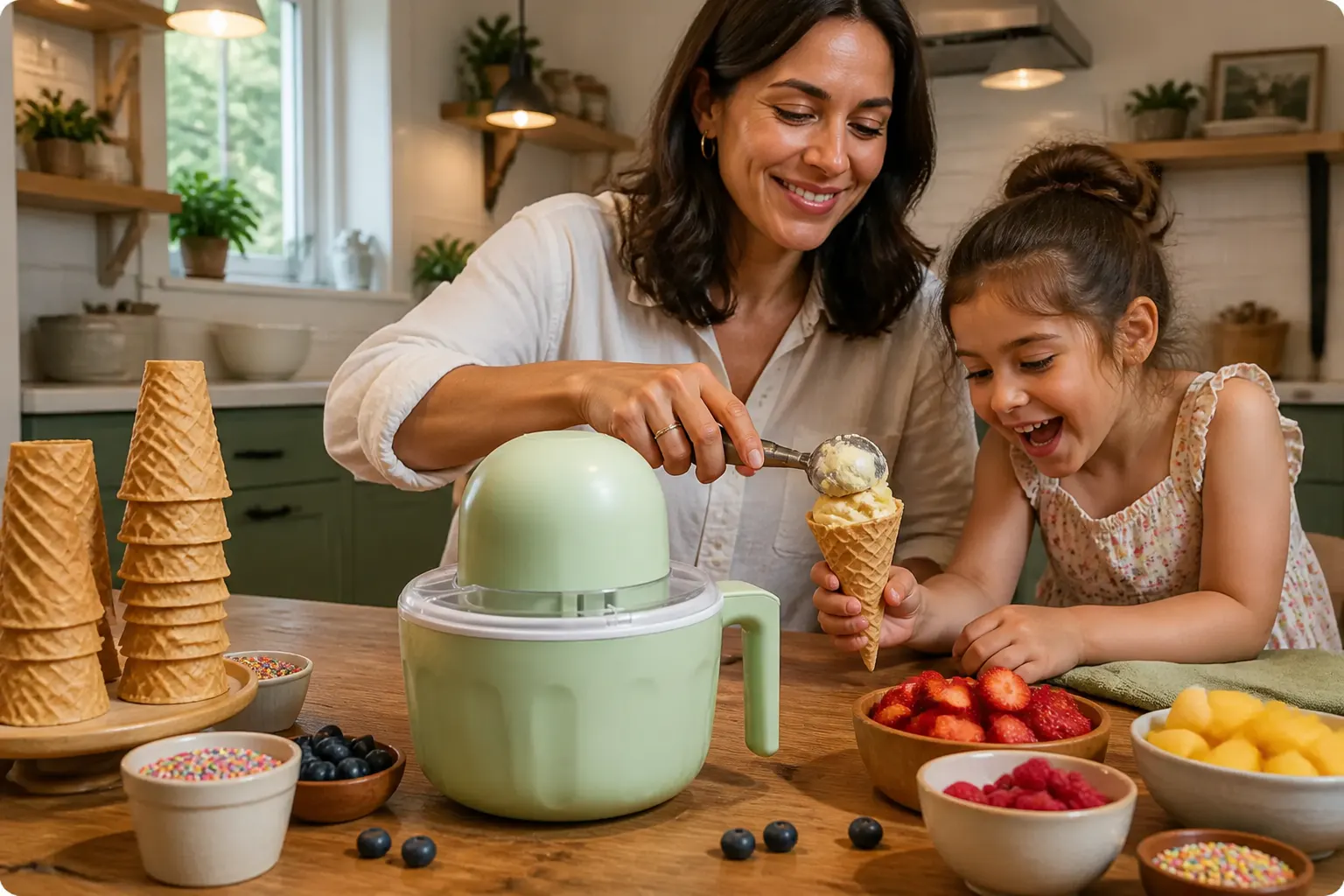 The ice cream maker at a birthday party with cones and fresh fruit in a cozy kitchen