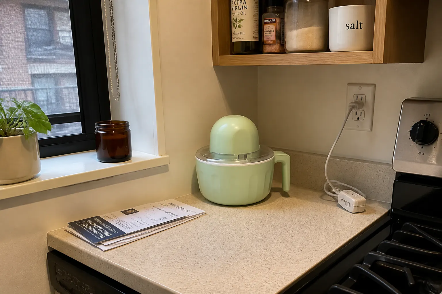 The compact ice cream maker tucked into a small apartment kitchen nook