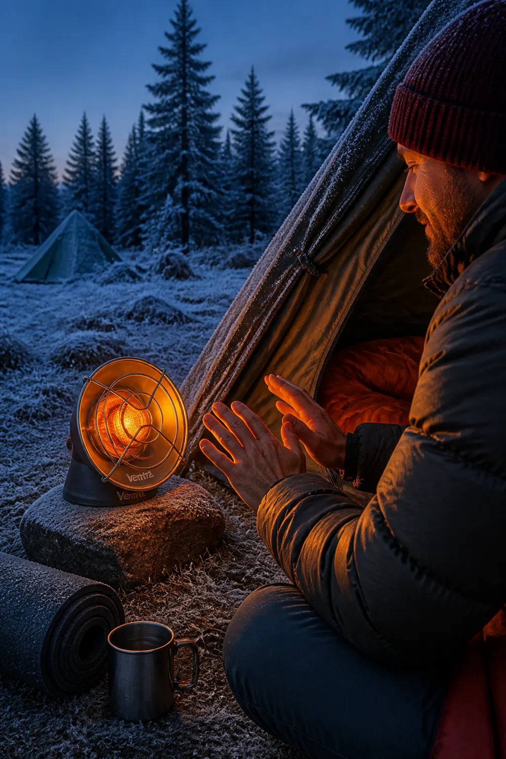 Ventra heater glowing amber at a frosty tent door before dawn