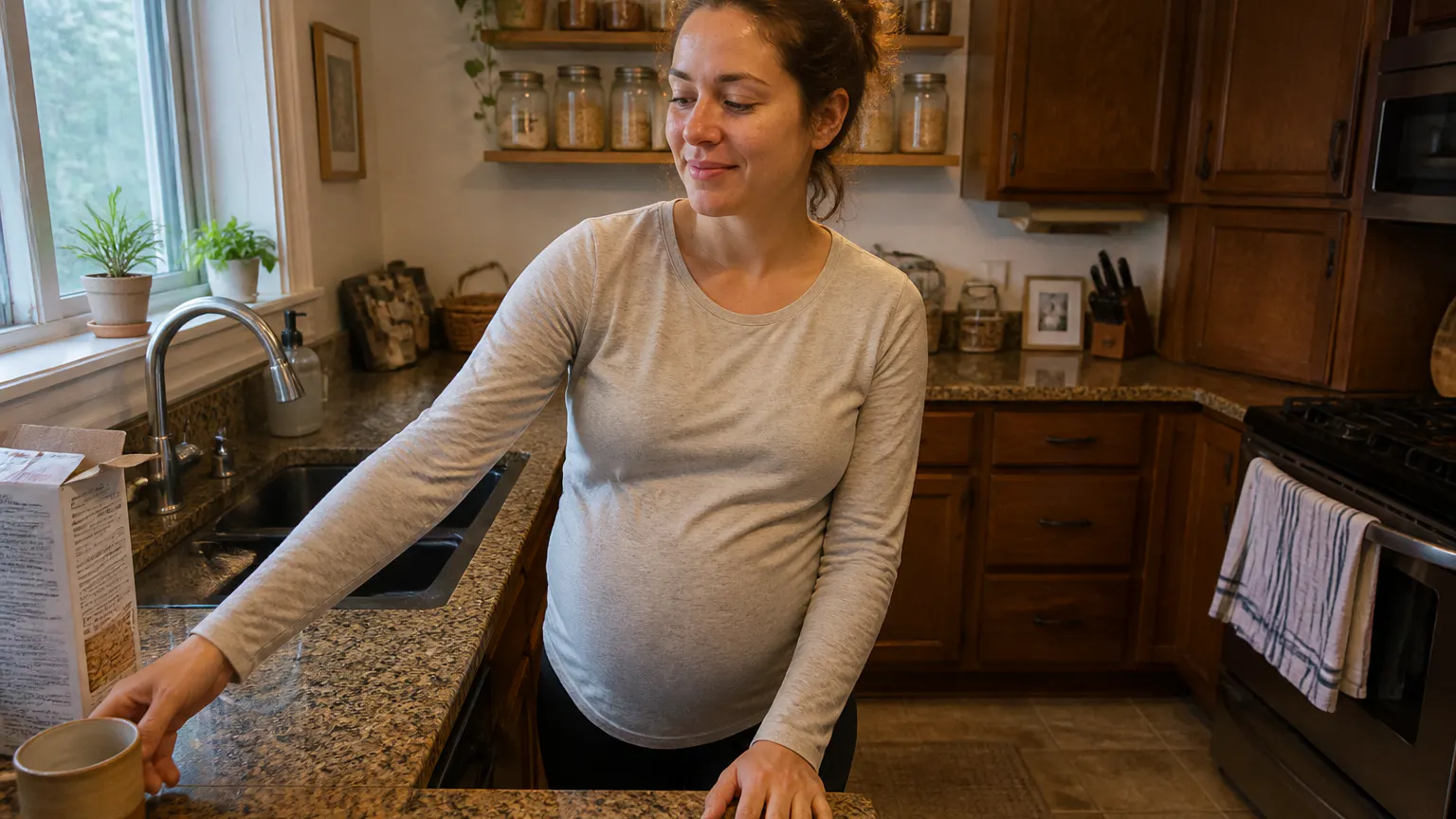 Pregnant woman walking comfortably, mobile and active