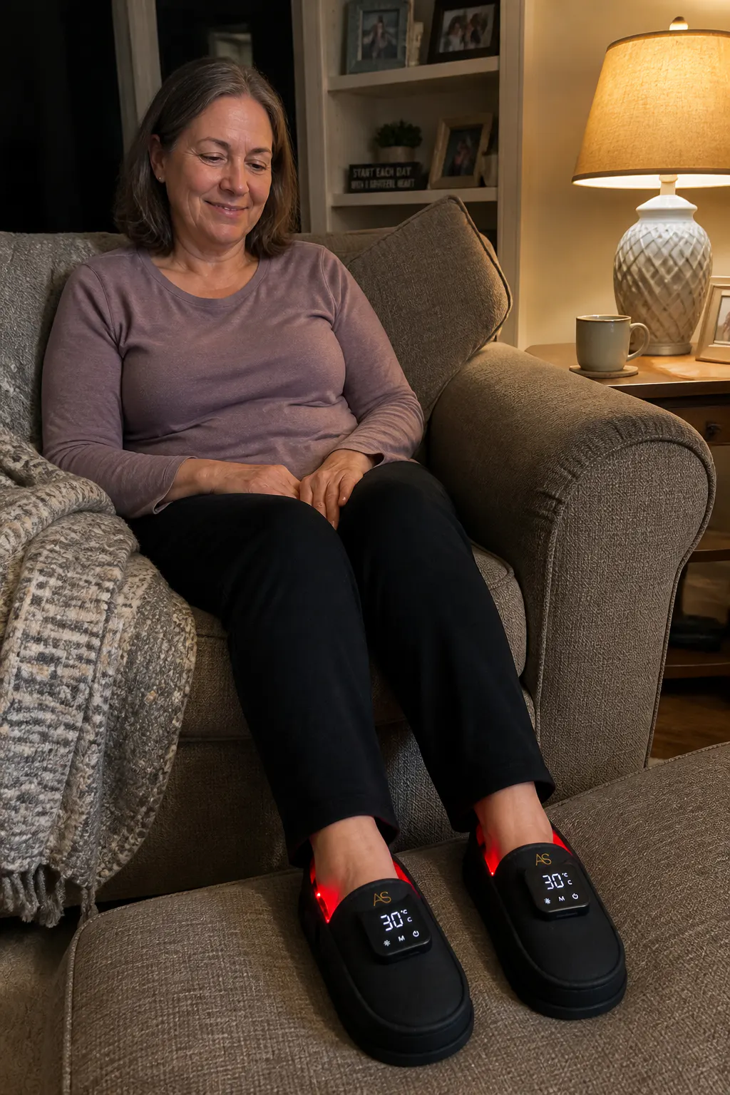 Customer relaxing in her kitchen after using the slippers