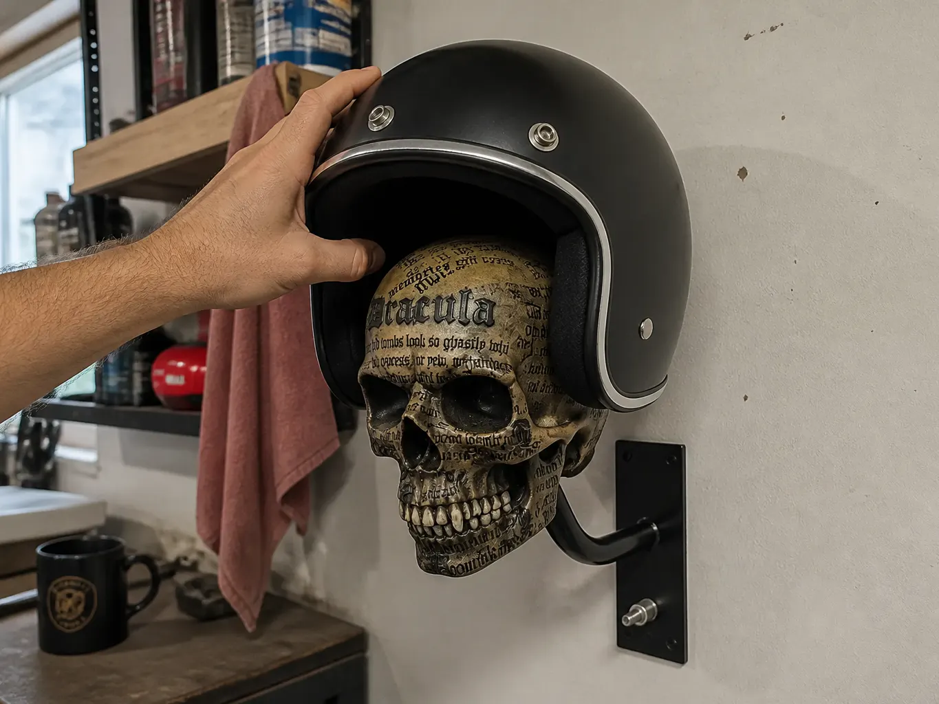 A full-face helmet seated over the skull mount