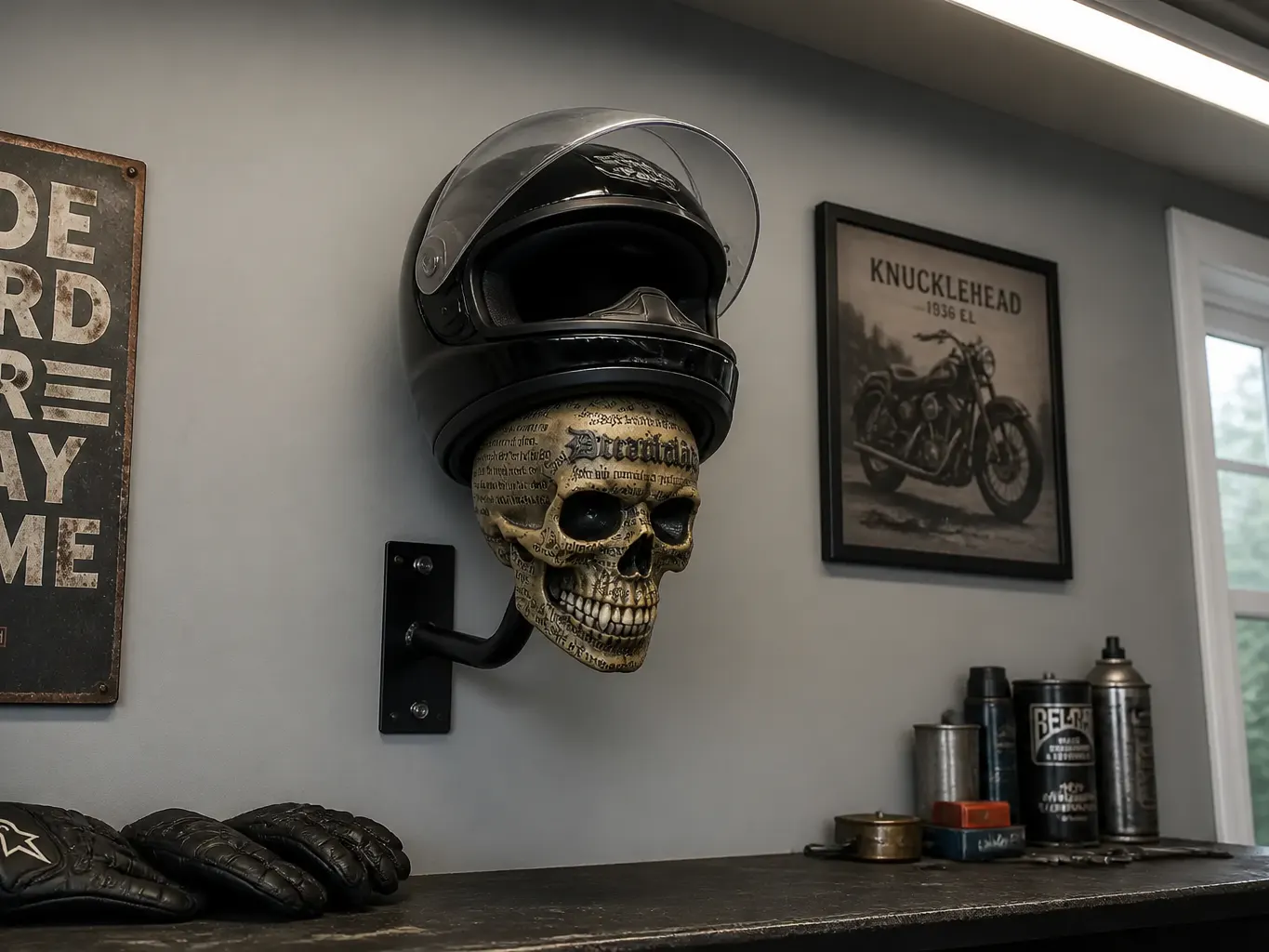 Jacket and gloves hung on the skull mount arm beside a helmet