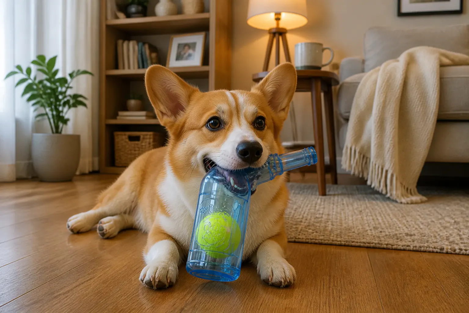 A happy dog holding the beer-bottle toy in a cozy home