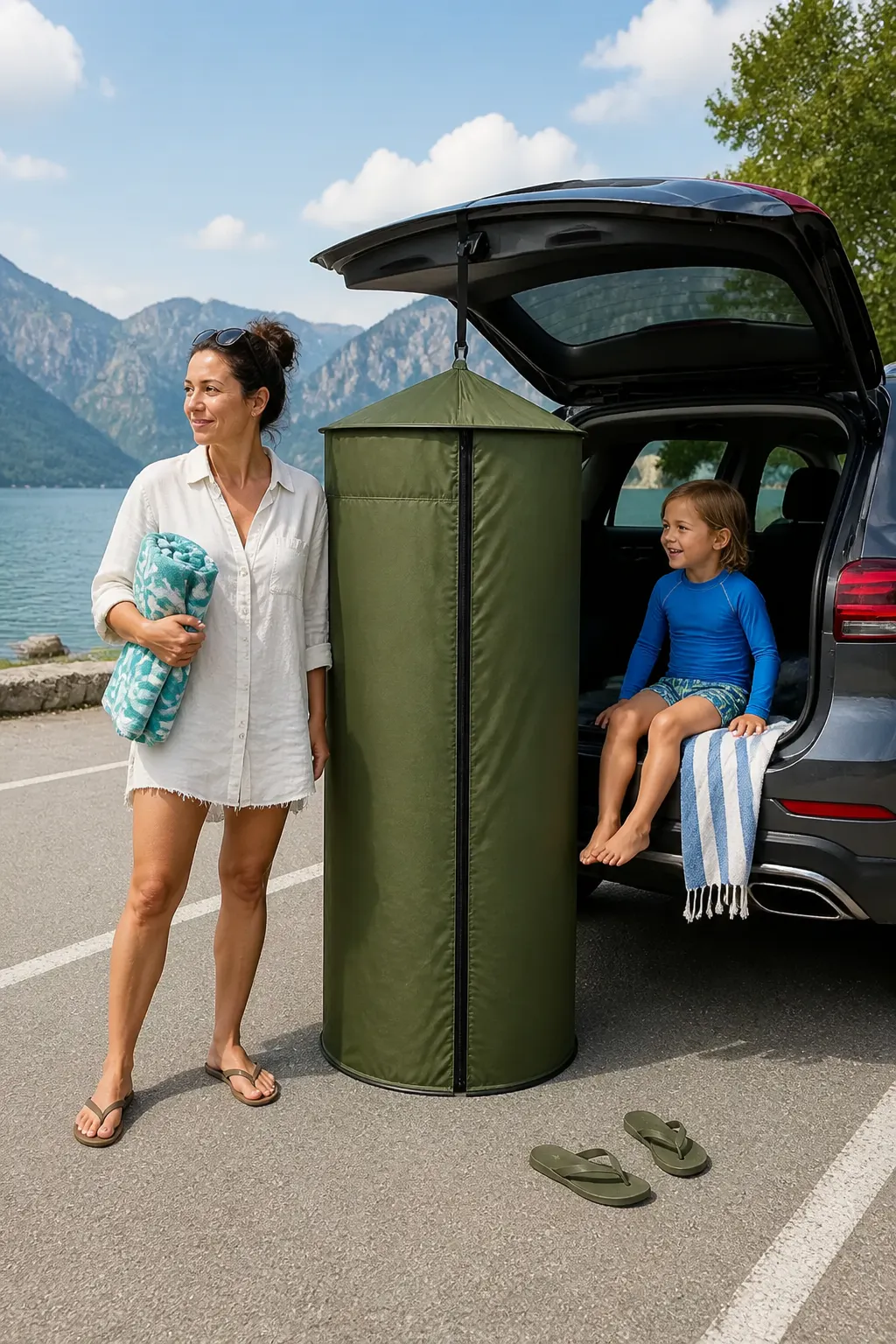 Ventra privacy changing tent clipped to an SUV hatch in a beach parking lot