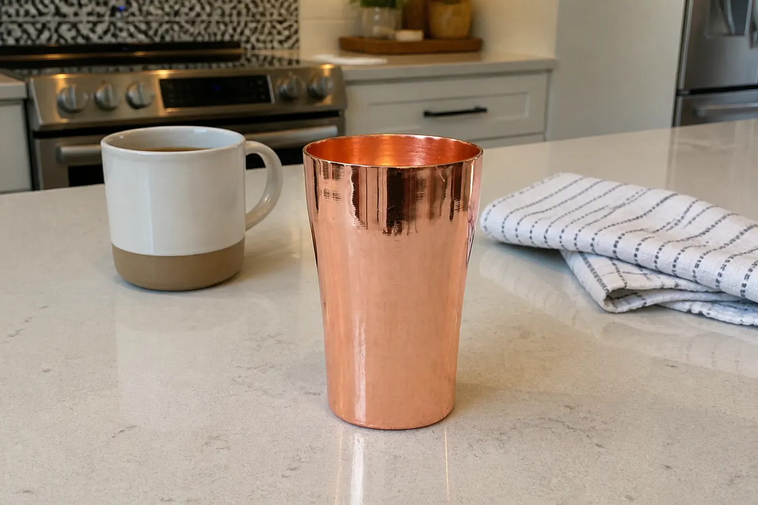 Hand-pounded polished copper finish detail