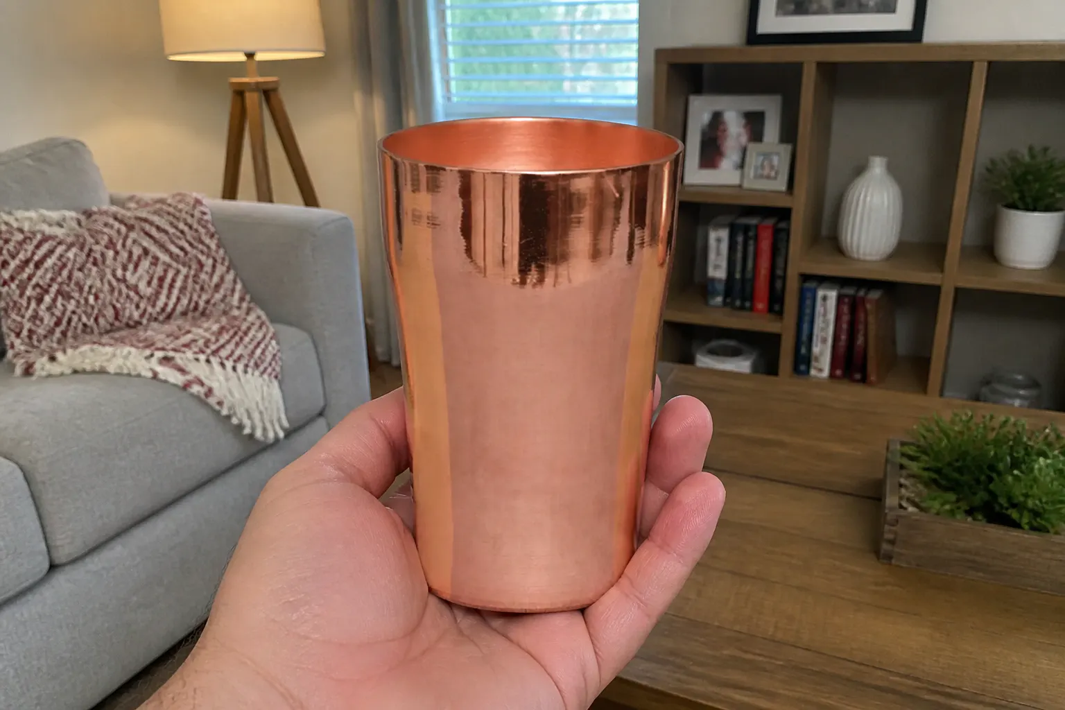 Copper cup held in hand showing 400ml size and weight