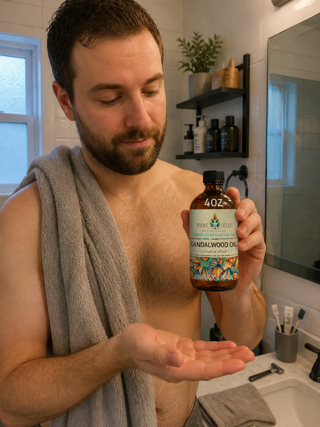 Morning bathroom shelf, drops going into a beard oil
