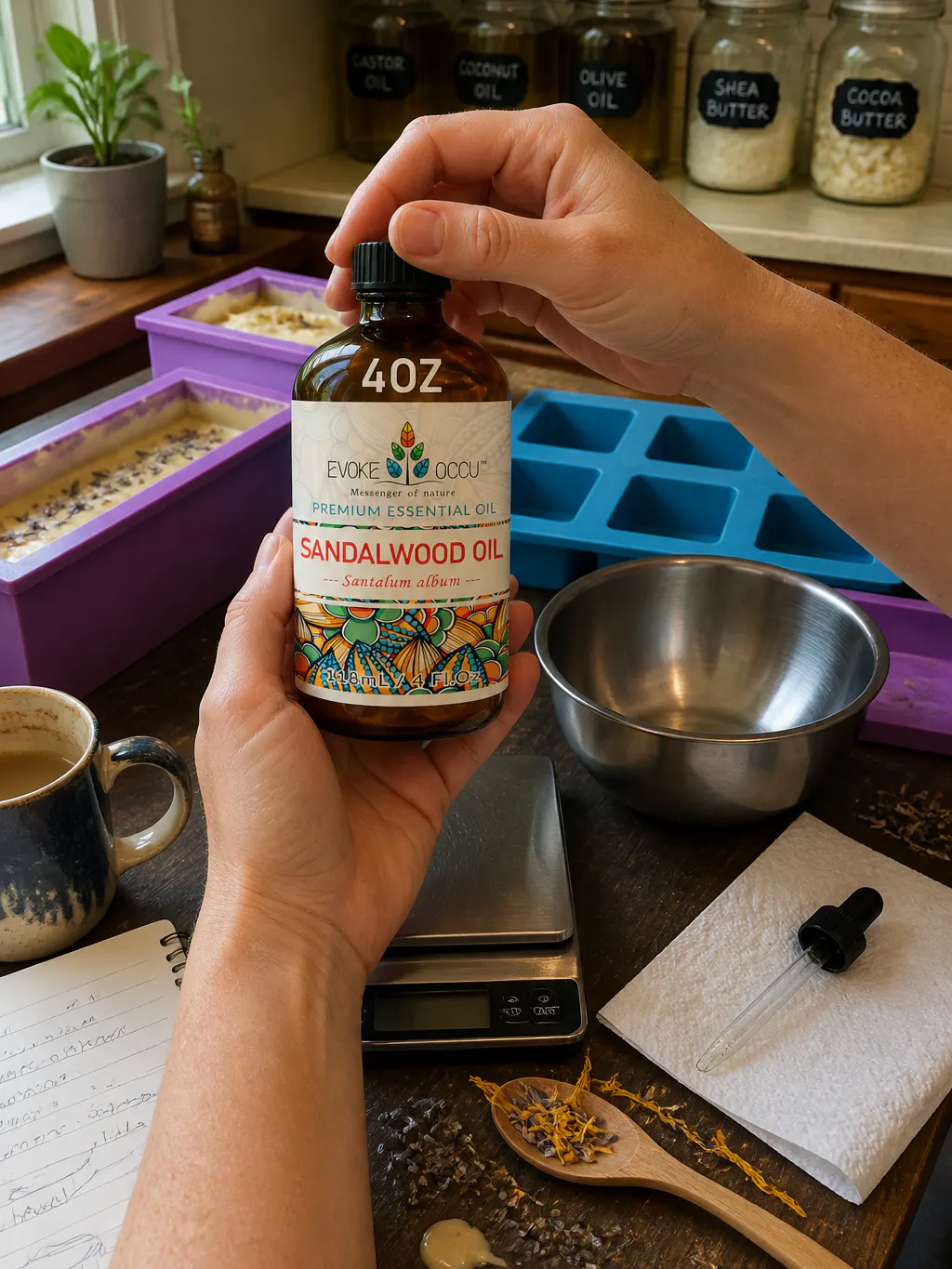 Kitchen table with soap molds, a scale and the open bottle mid-batch