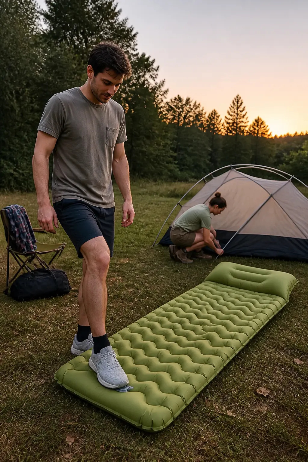 Camper pressing the built-in foot pump at a dusk campsite, pad firming