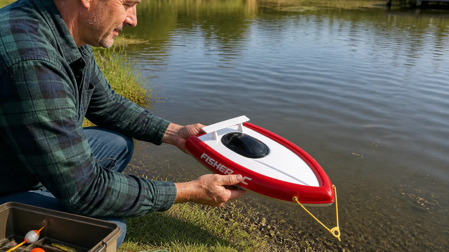 Ventra RC fishing boat heading across open water toward a distant weed bed