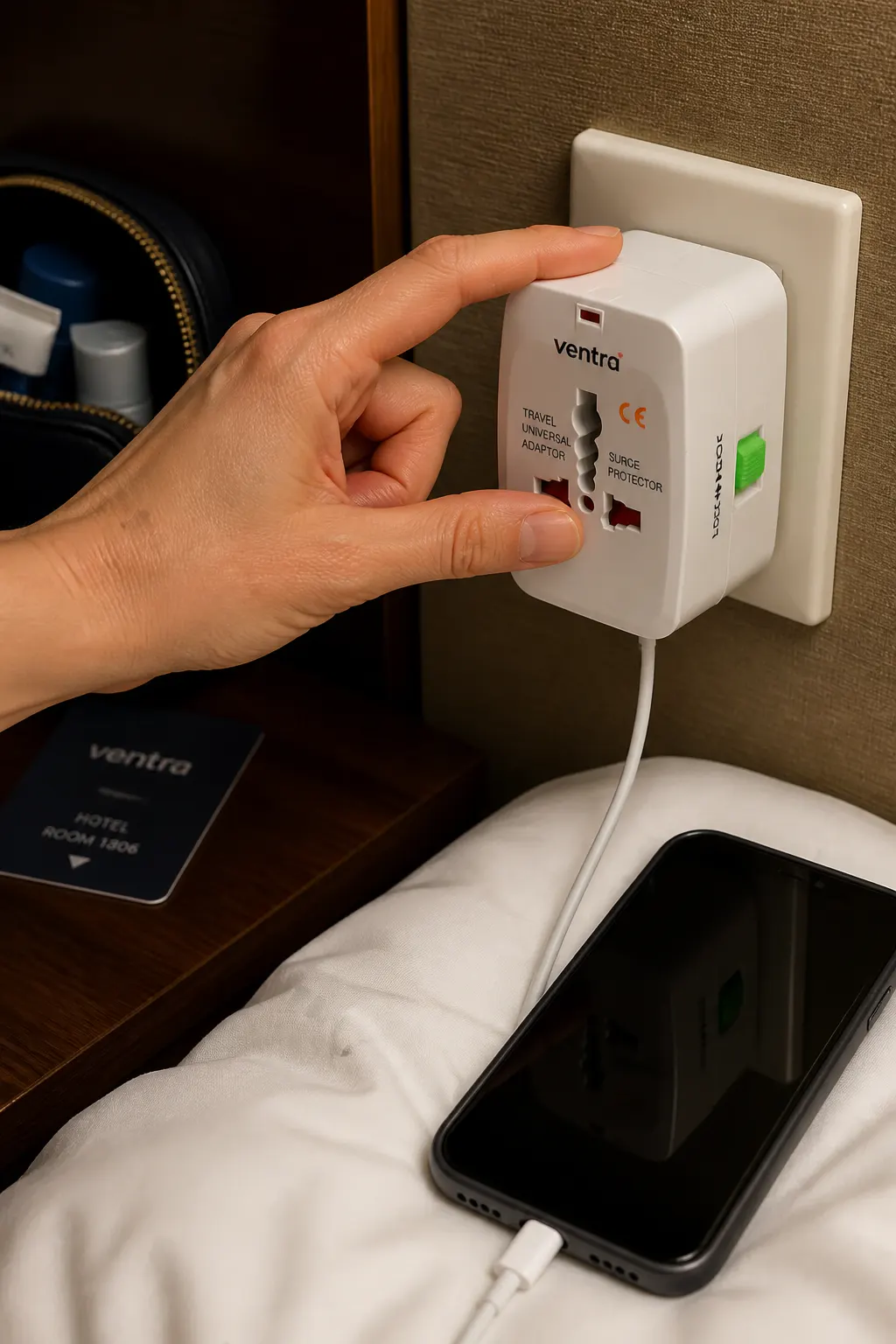 Ventra travel adapter locked securely into a wall outlet with a charger plugged in