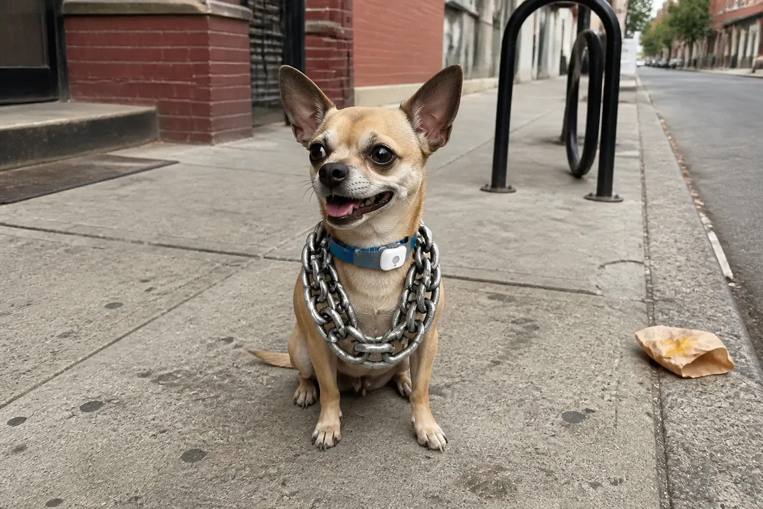 Tiny dog looking tough on the oversized chain