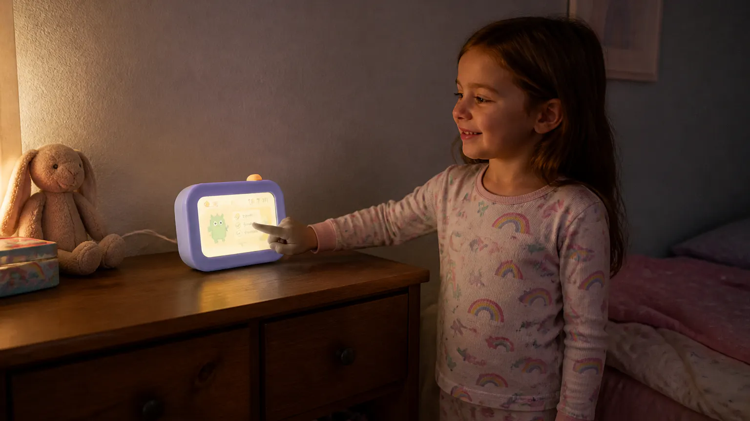 A child's bedroom at sunrise with the RiseRight clock glowing on the nightstand