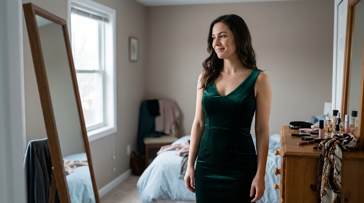 Woman confident in a strapless dress, the Ventra bra holding all night