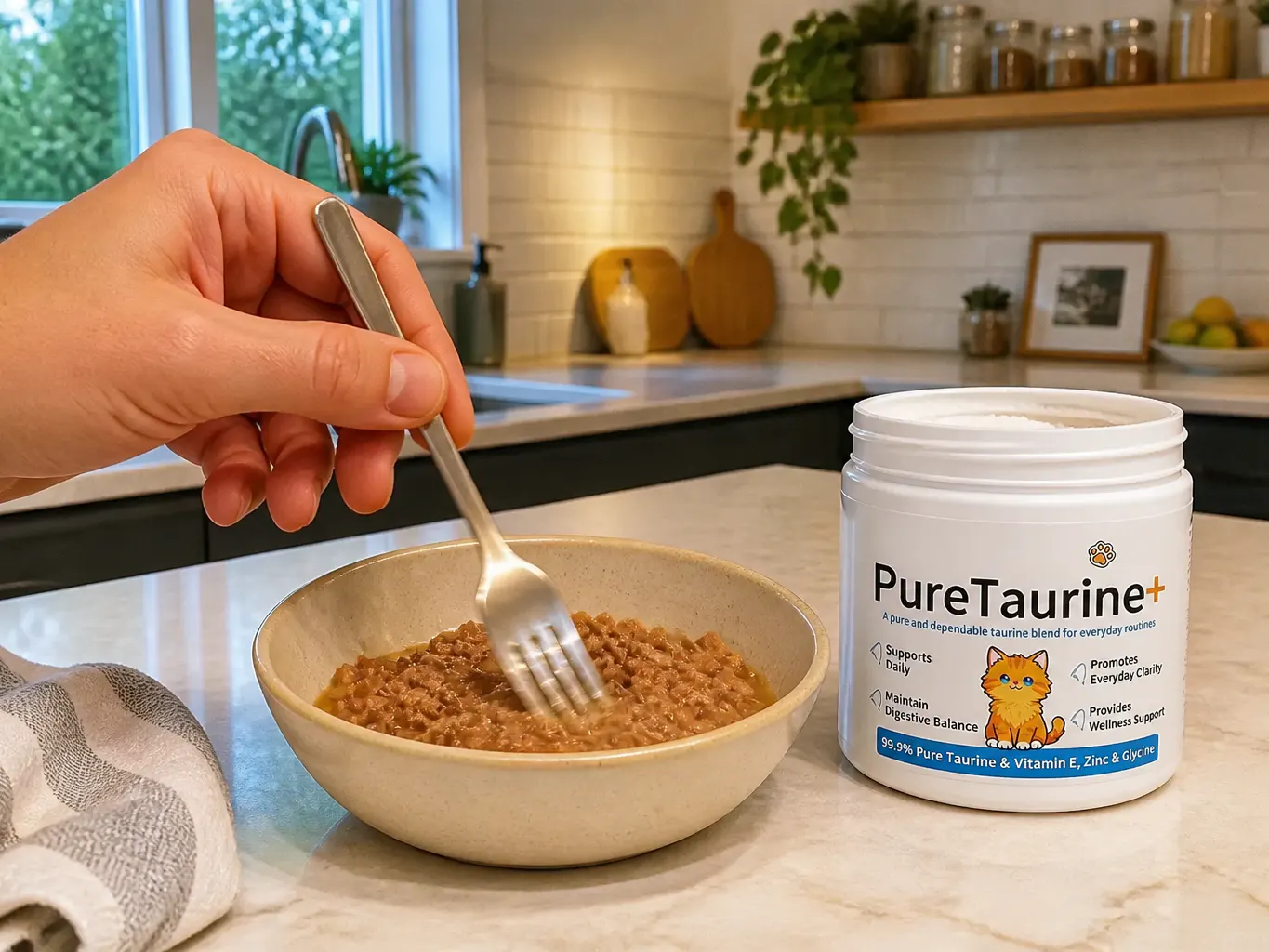Stirring taurine powder into wet cat food