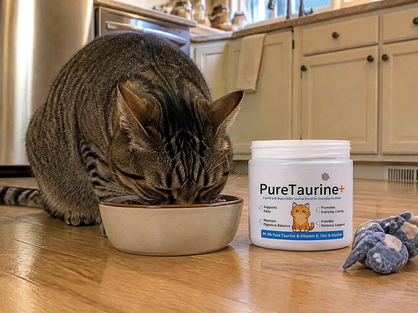Cat eating from a topped bowl