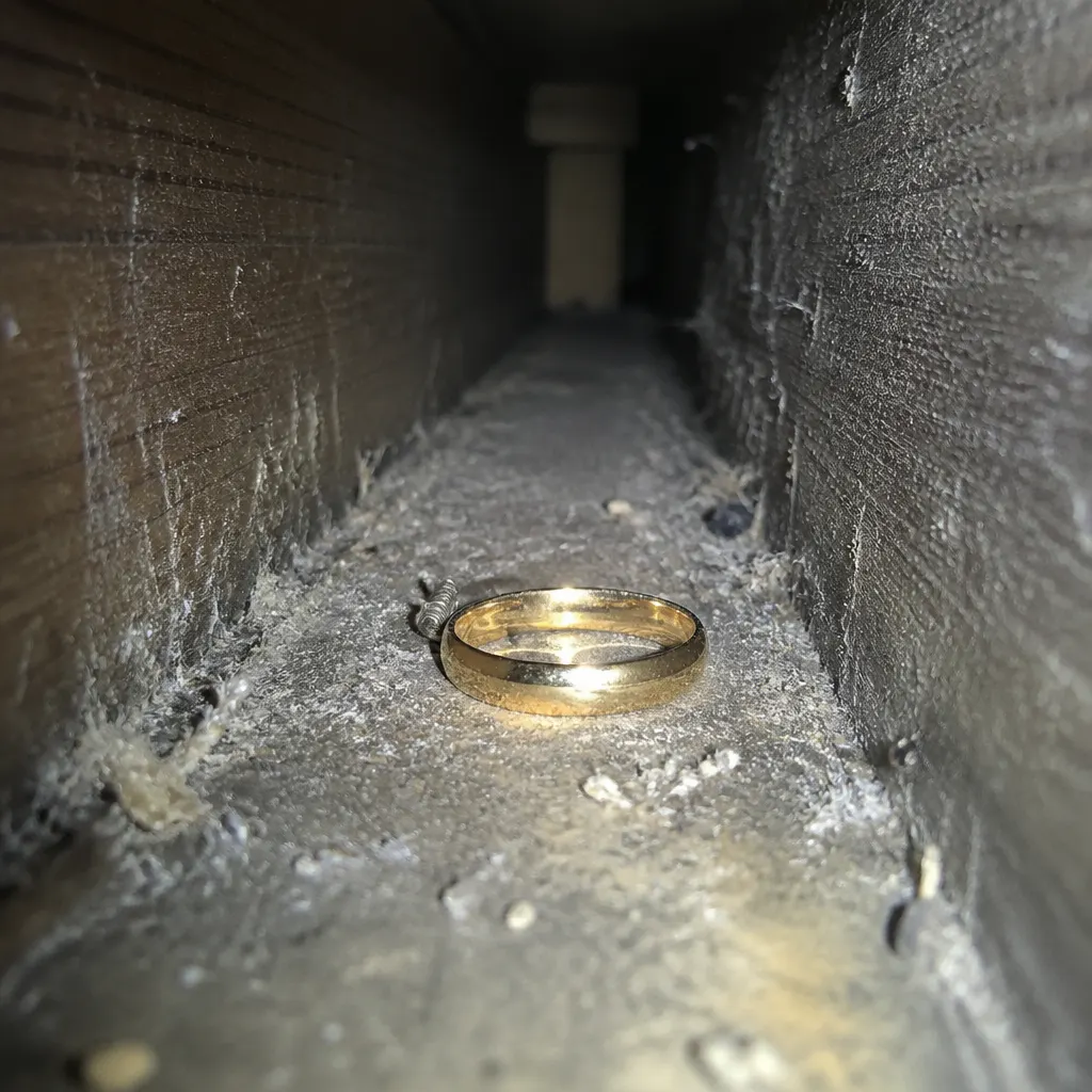 Phone screen showing a dropped ring in a gap, retrieved with the magnet attachment