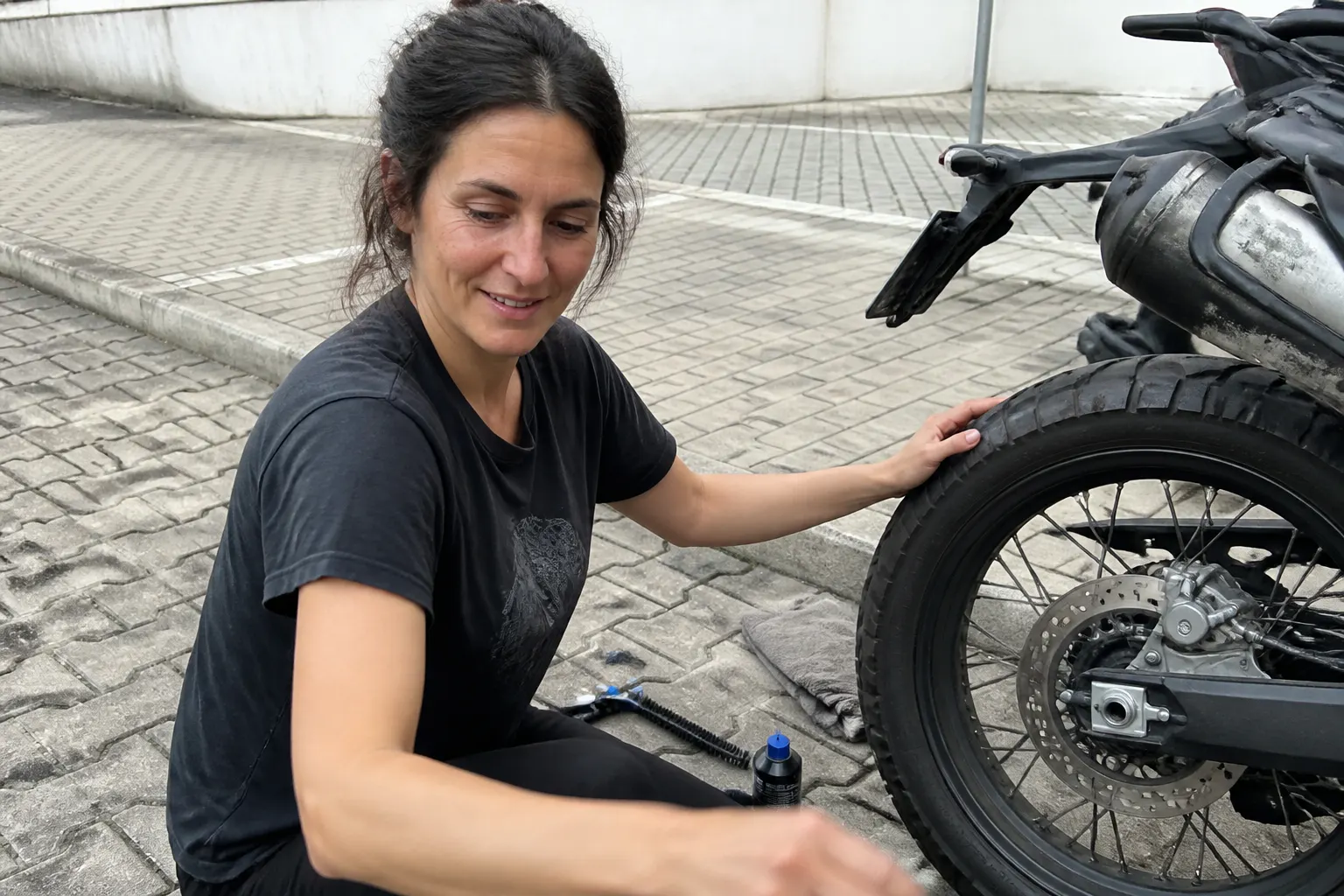 Rear tire on the Ventra rollers, wheel spun by hand while lubing the chain