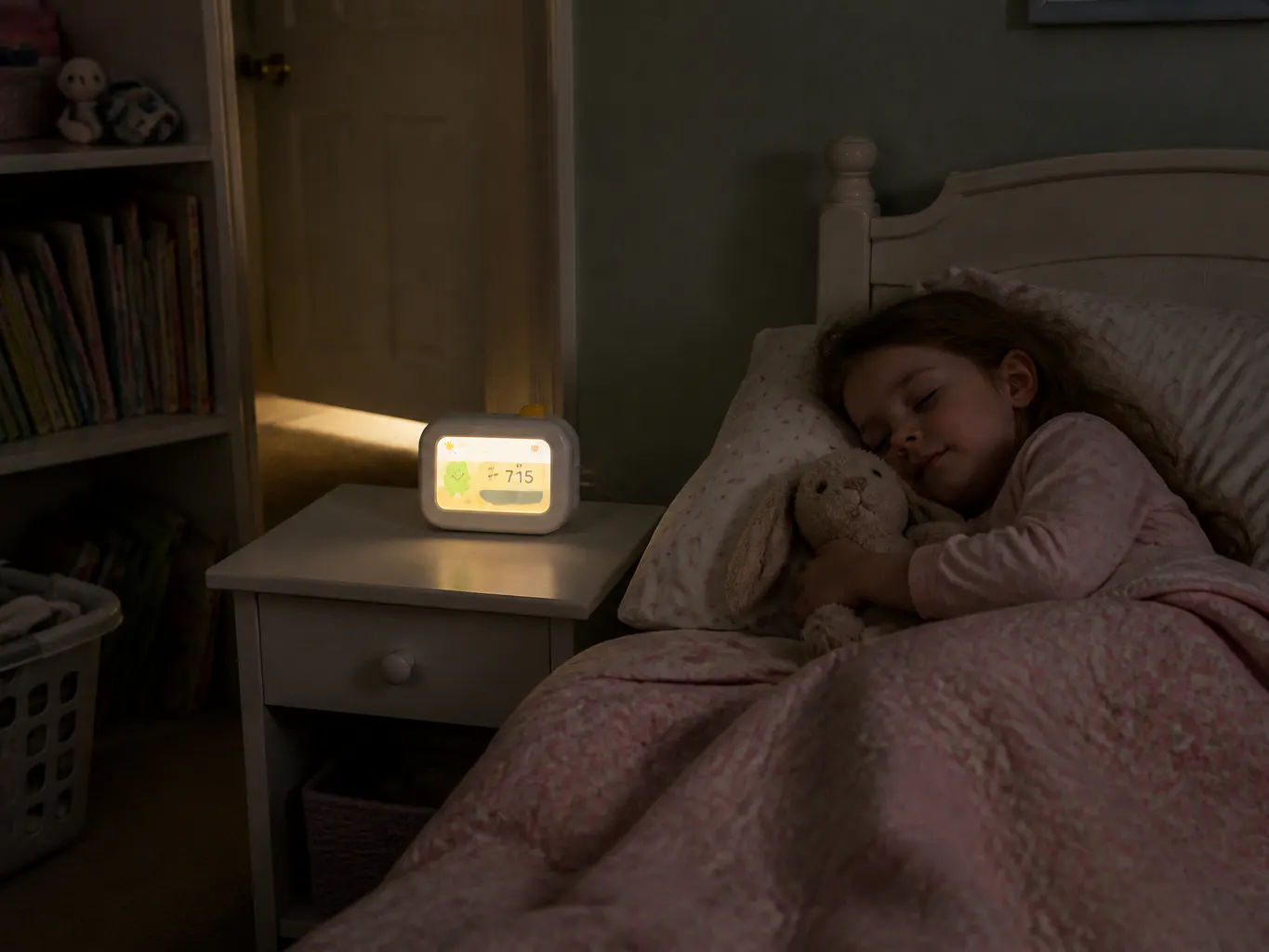 A child settling into bed in a dim room while their routine device glows in moon nightlight mode