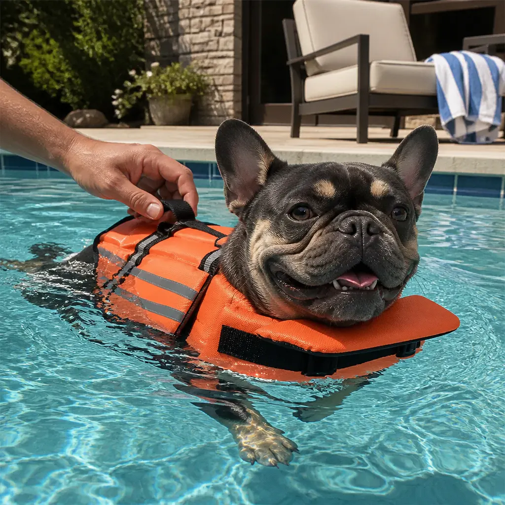 Dog floating head-up in open water wearing the Ventra life jacket, chin float cradling its throat