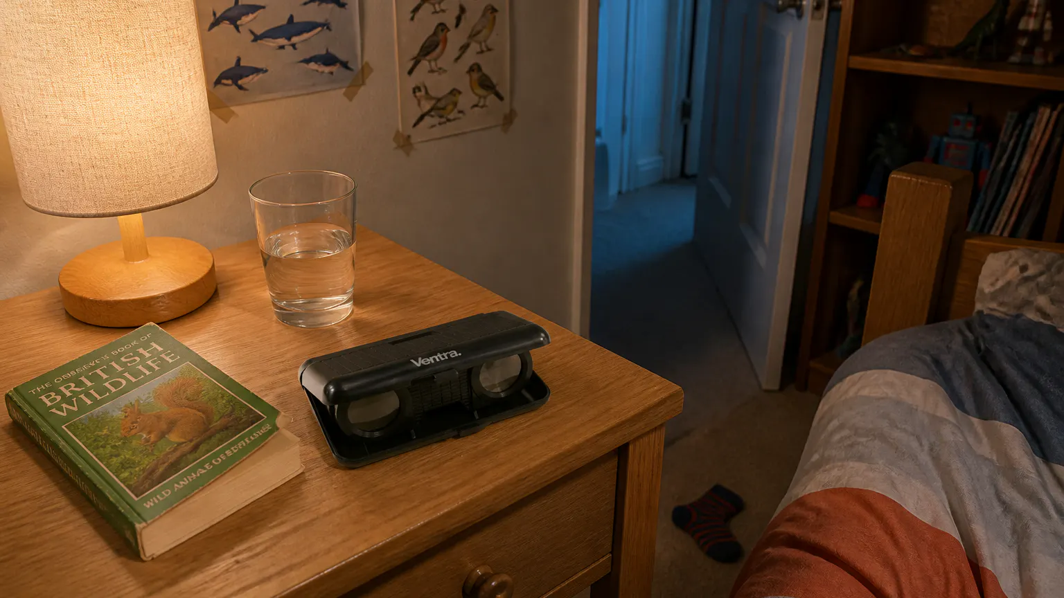The case in a backpack side pocket on a hallway hook
