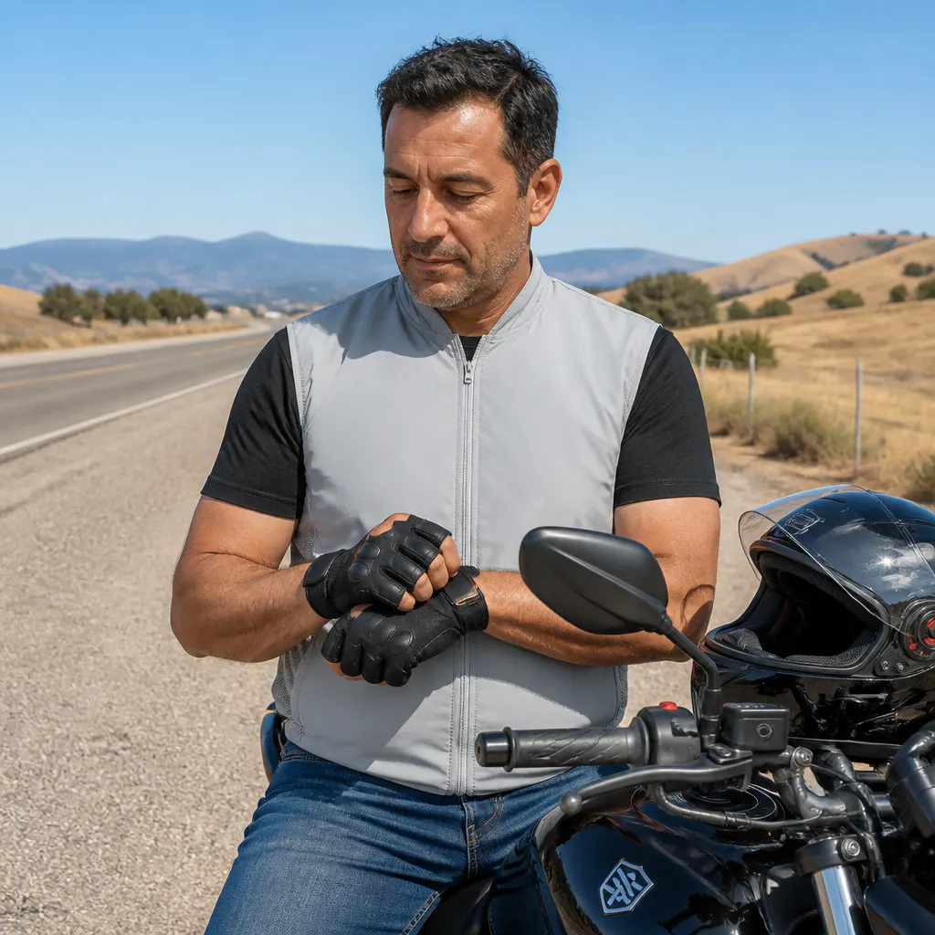 Rider wearing the Ventra cooling vest on a long hot ride