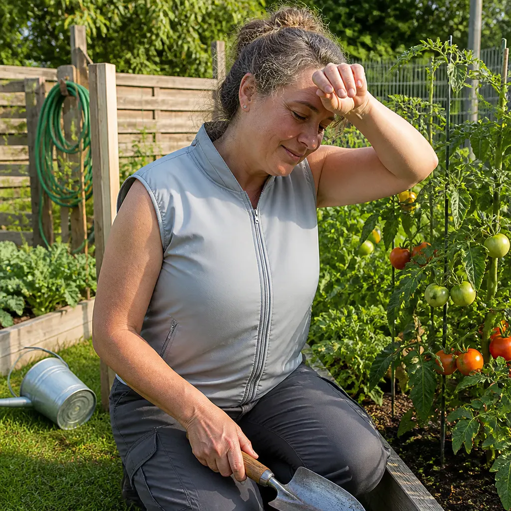 Gardener wearing the Ventra cooling vest doing yard work