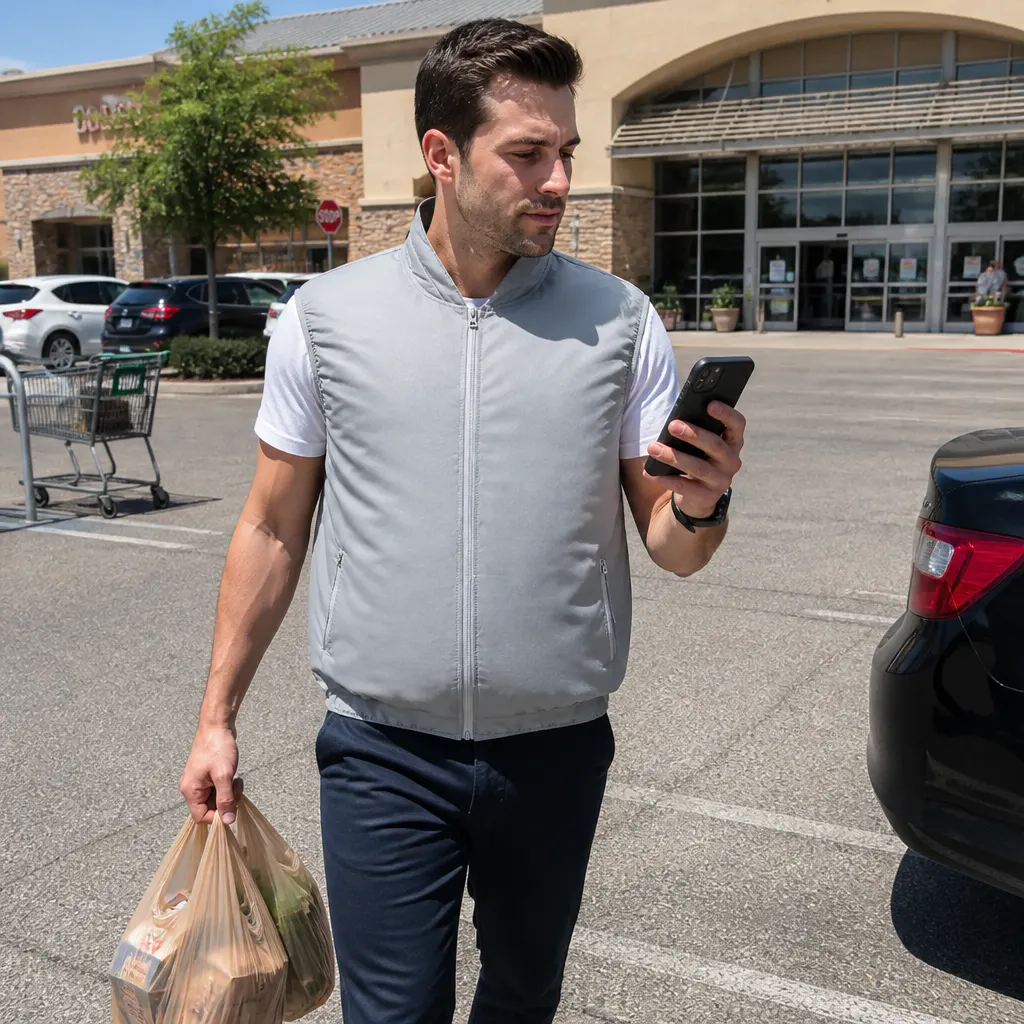 Person wearing the Ventra cooling vest at home for daily comfort