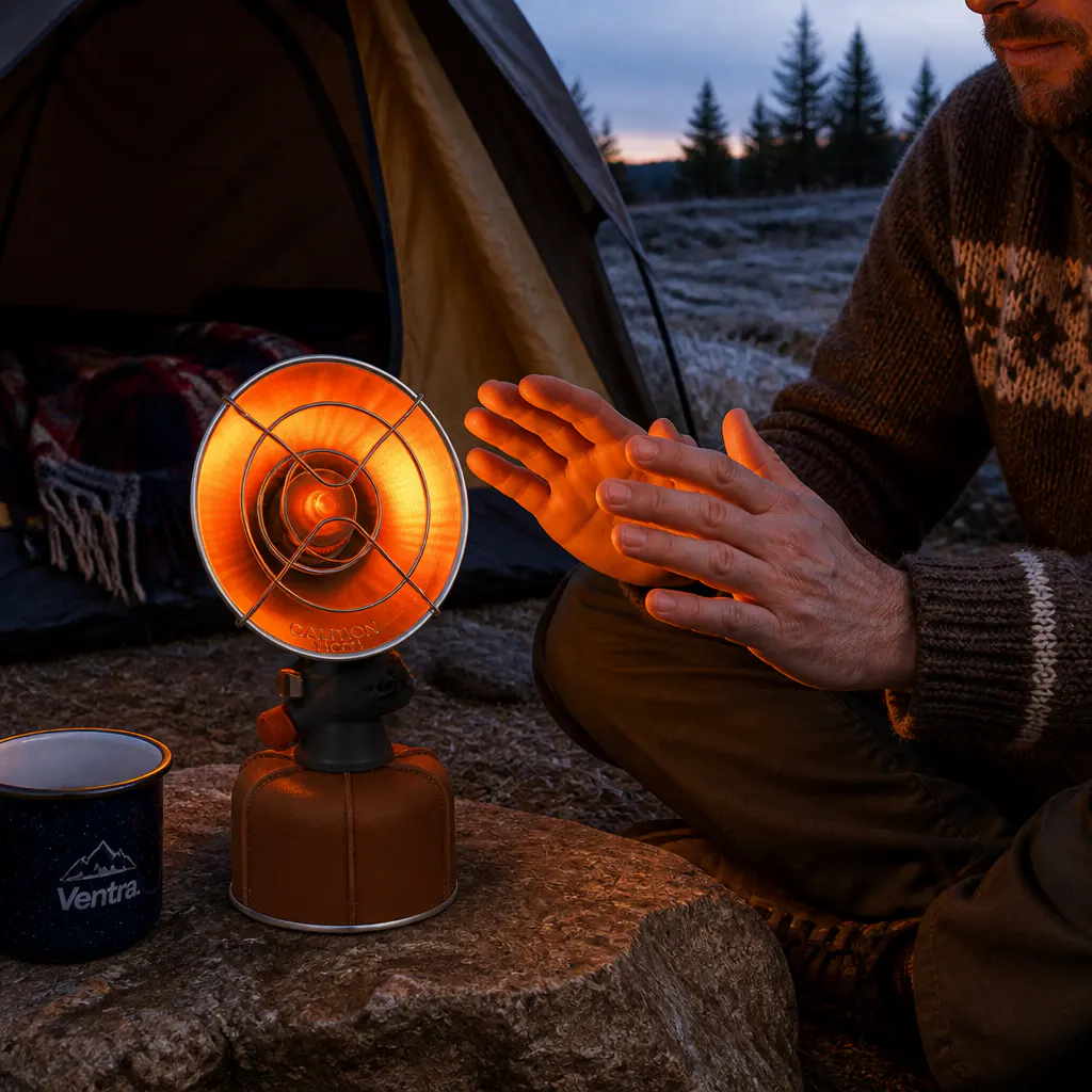 Glowing Ventra heater beside a coffee at a frosty pre-dawn tent door