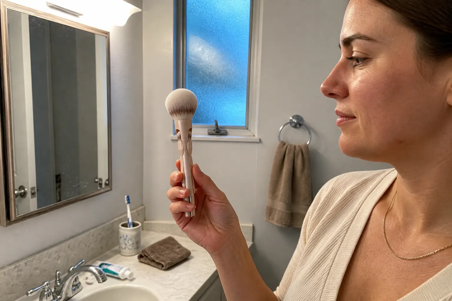 Full-size domed powder brush sweeping blush across the cheek