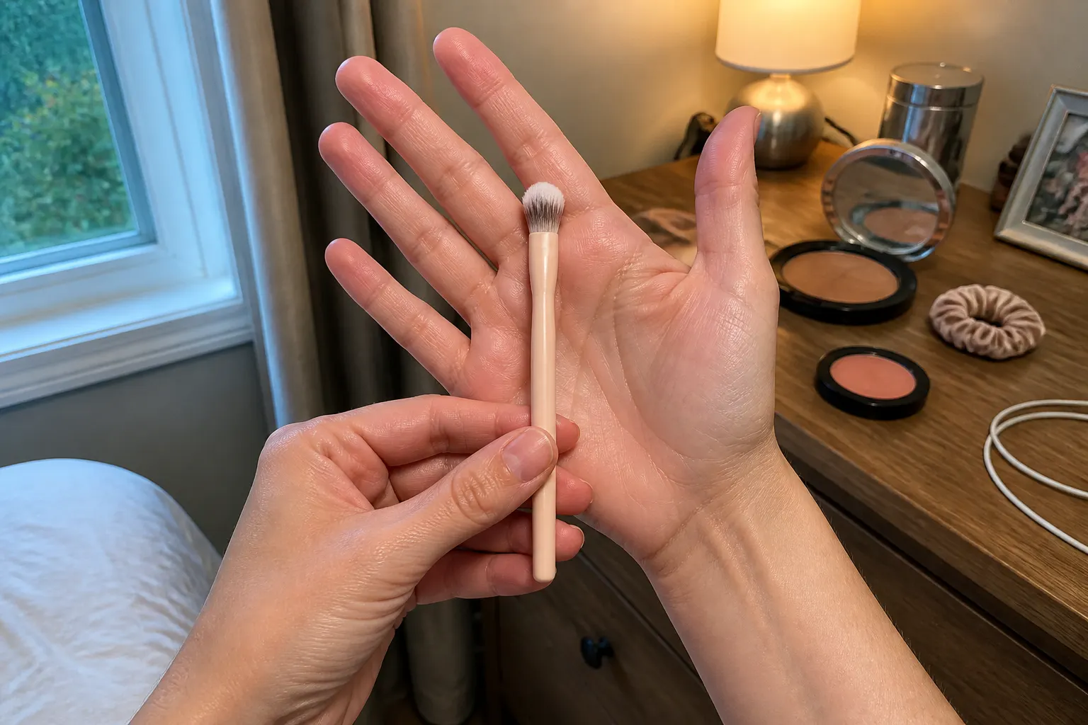 Eyeshadow brush pressing shadow onto the lid