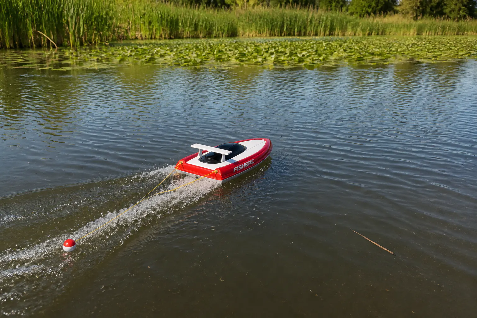 Ventra RC boat at full speed throwing a rooster-tail of spray