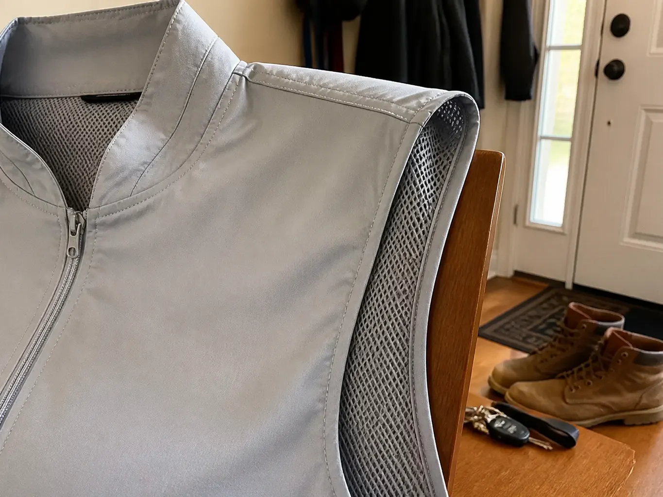 Close-up of the lightweight nylon shell fabric of the Ventra vest